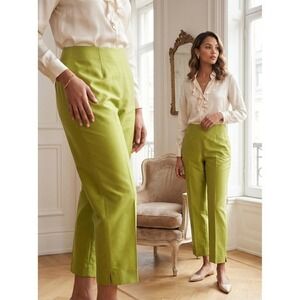 S.L.B. Chartreuse Green 100% Silk Mid-Rise Waist Tailored Ankle Pants Size 6